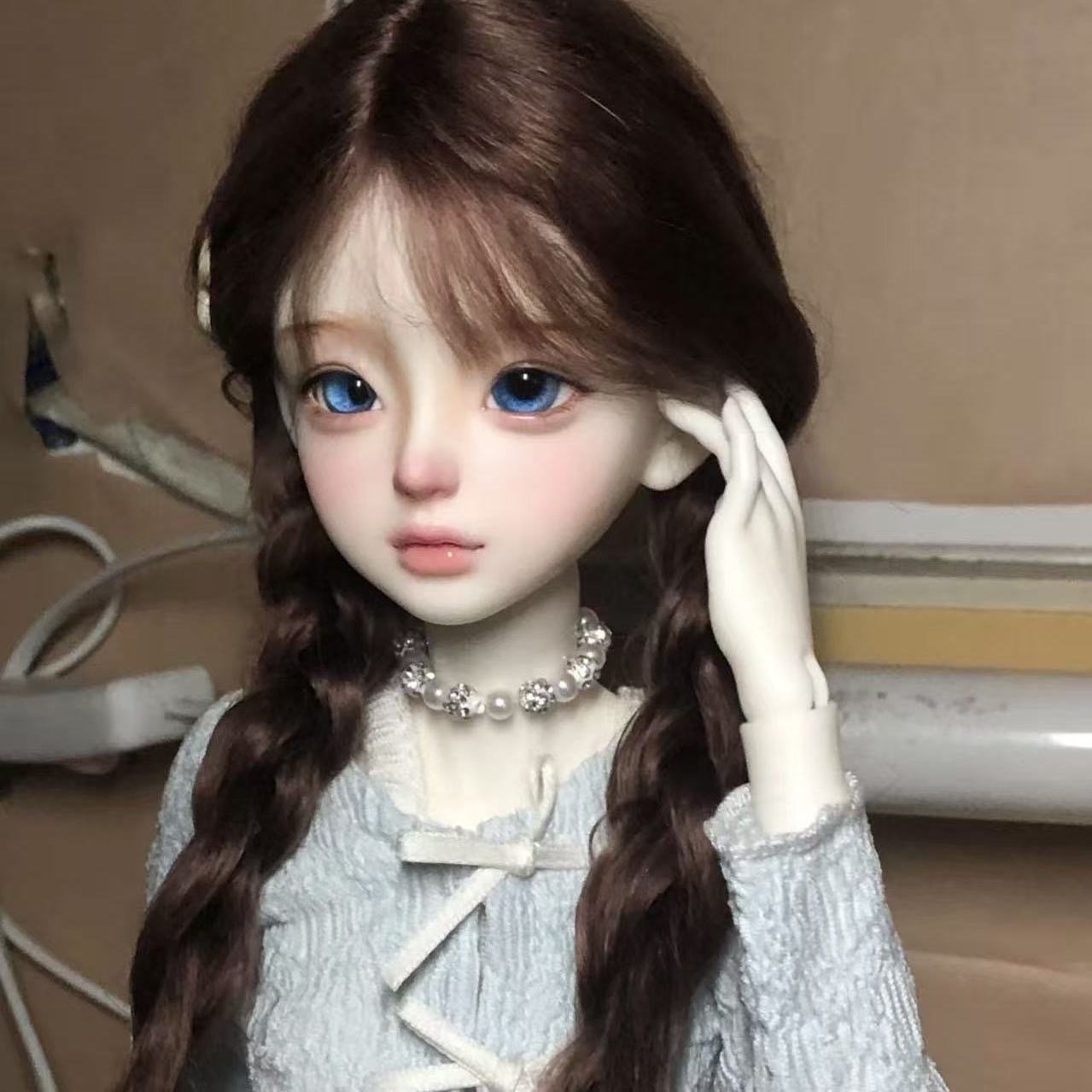 Handmade brown BJD wig with soft braids and realistic texture