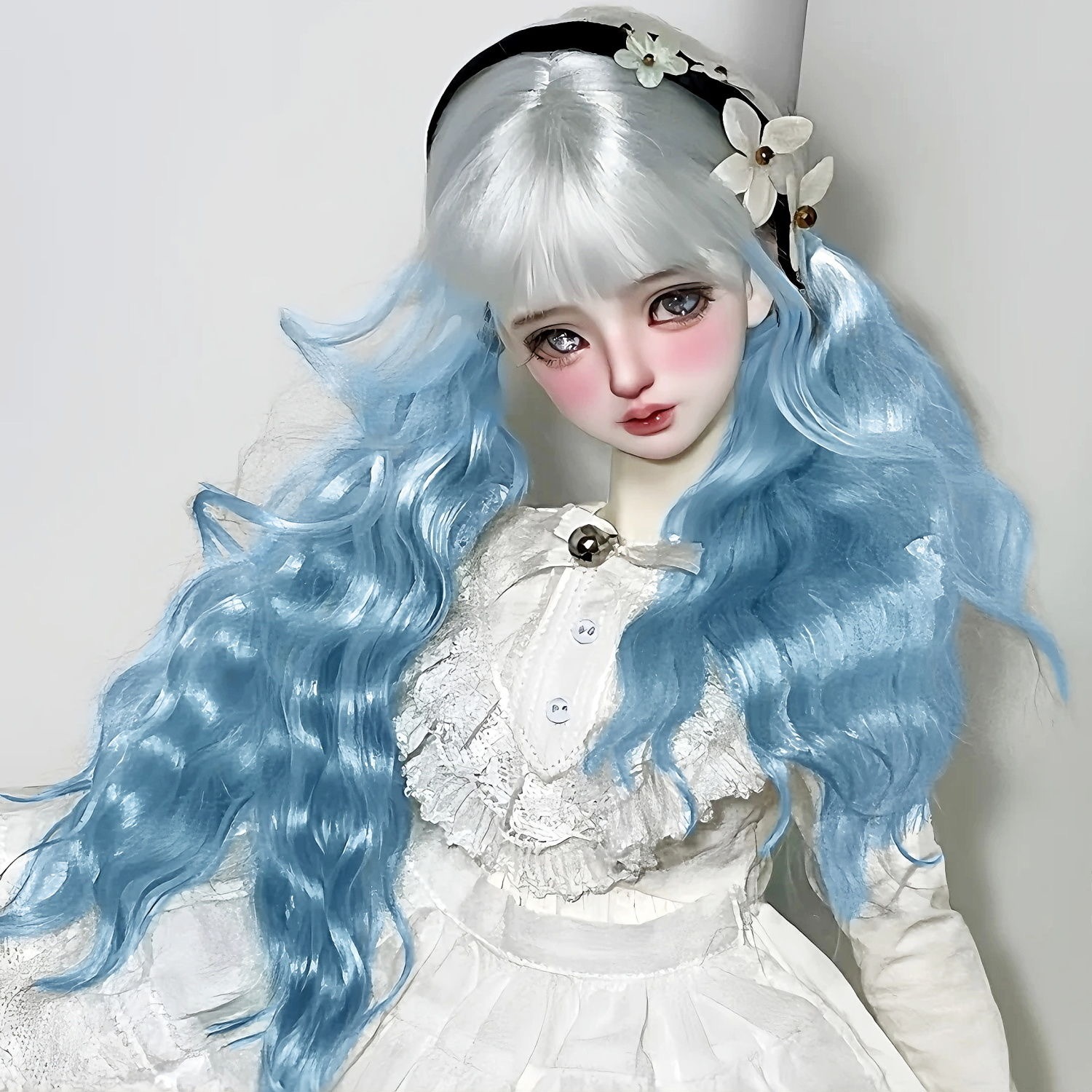 Fantasy pastel blue wig for BJD doll styled with white lace dress - Atelier Chantilly