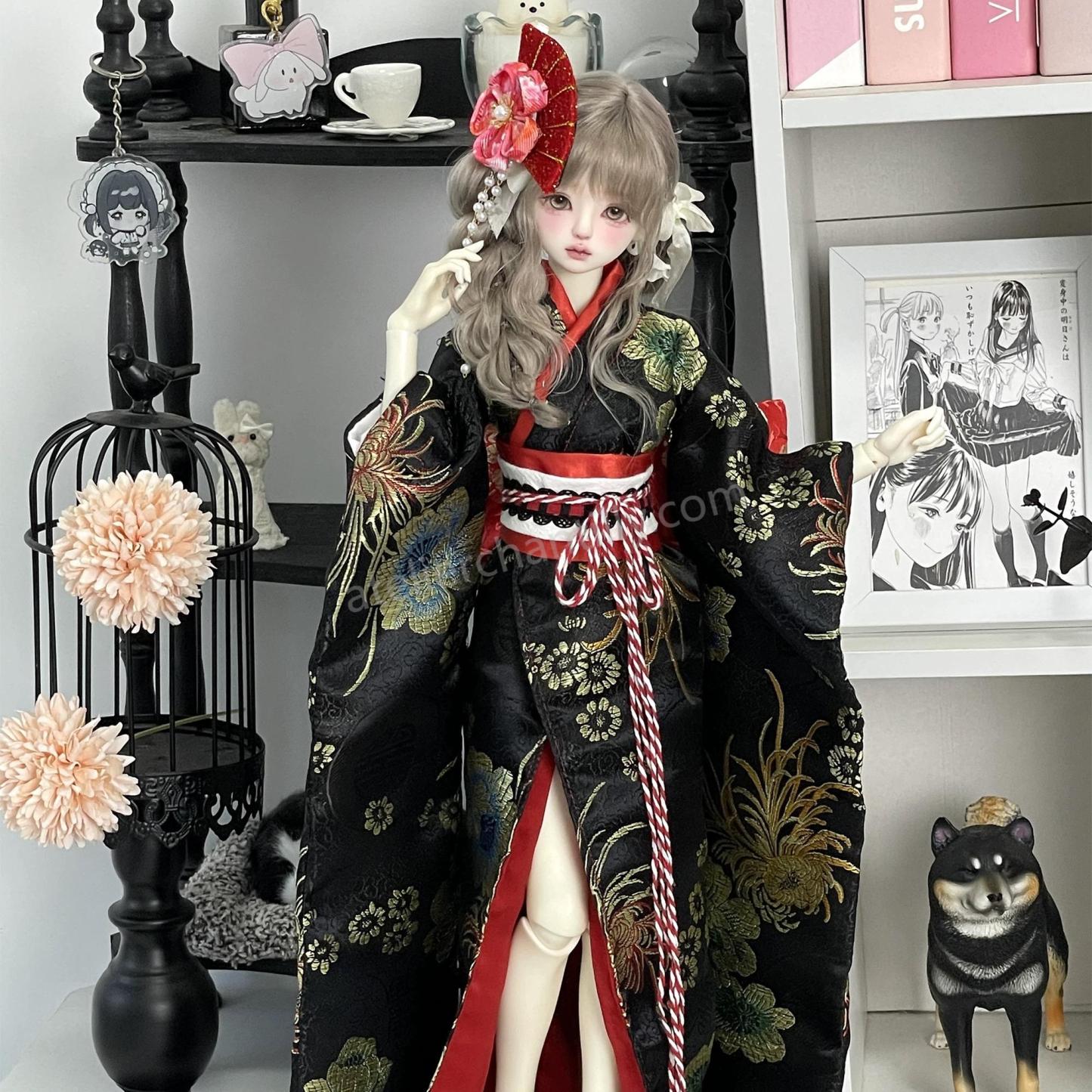 Luxurious Black Floral Kimono BJD Doll Outfit, Perfect for 1/4 Scale Dolls, Exquisite Details --A02-Atelier Chantilly