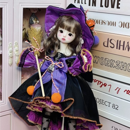 1/6 BJD doll wearing purple-black witchy Lolita dress by a pink cabinet - Atelier Chantilly