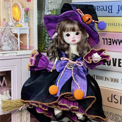 1/6 BJD doll in whimsical Halloween witch dress by a mini vanity and books - Atelier Chantilly