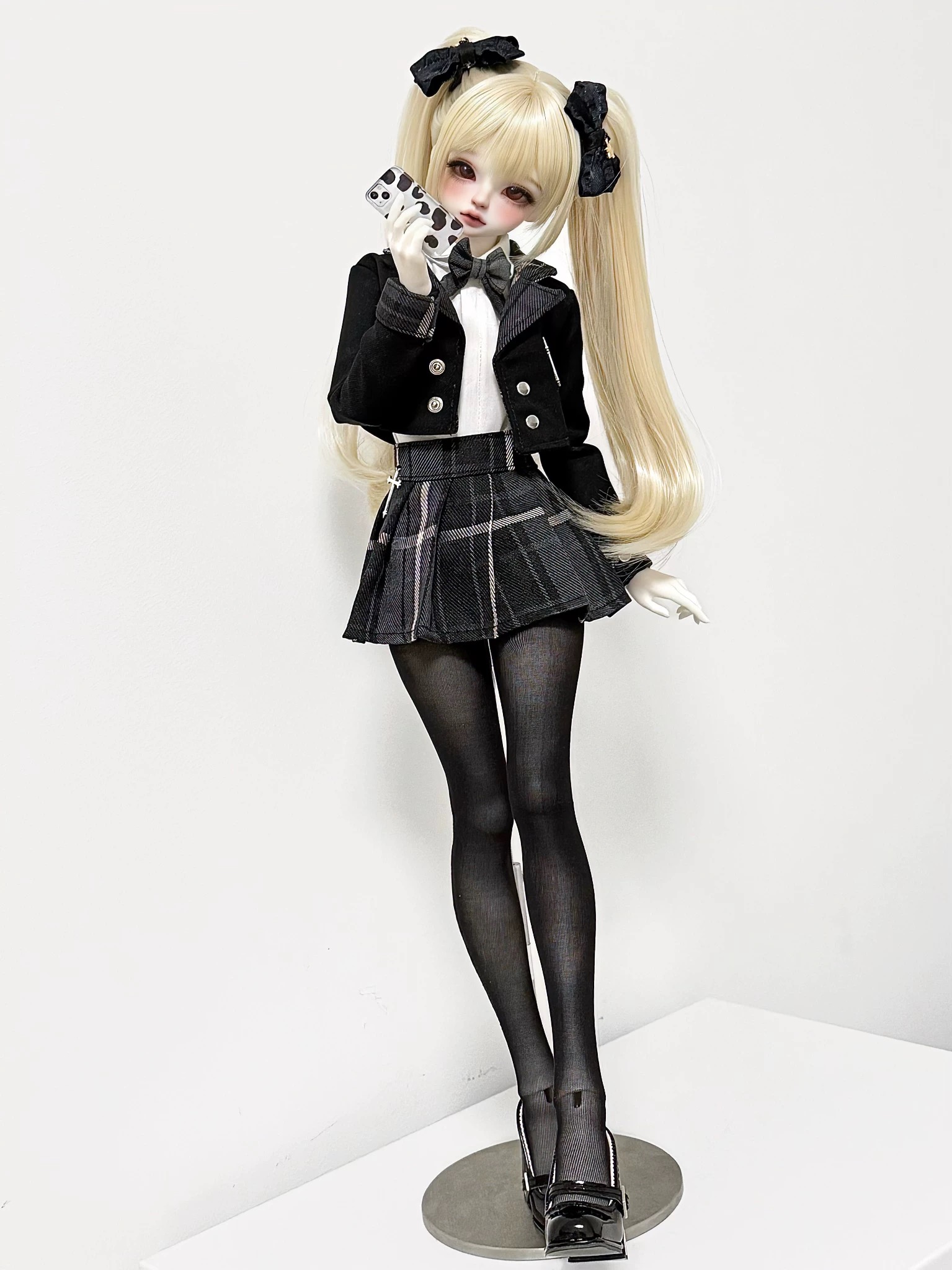 1/4 BJD doll in gothic academia outfit with black bow and plaid skirt - Atelier Chantilly