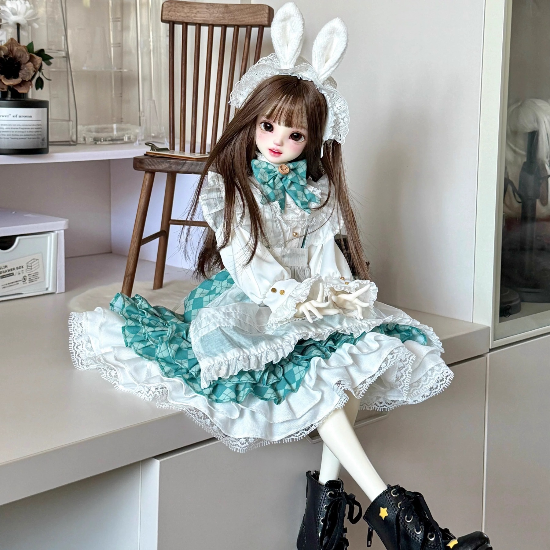 1/4 BJD doll wearing mint-green argyle Lolita dress with lace details - Atelier Chantilly
