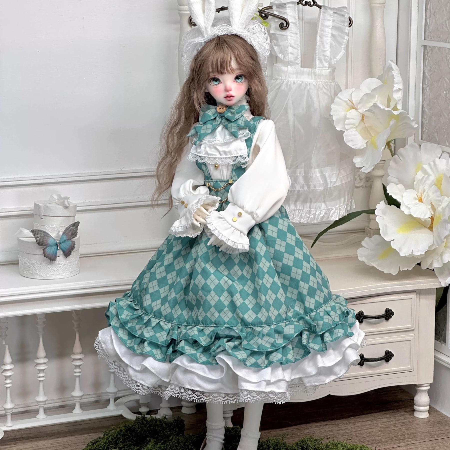 1/4 BJD doll showcasing mint green Lolita outfit with fluffy rabbit-ear headpiece - Atelier Chantill