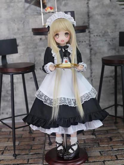 1/4 BJD doll in black white maid outfit holding a dessert tray at a café - Atelier Chantilly