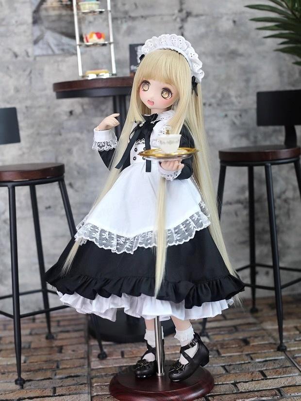1/4 BJD doll wearing classic maid outfit holding a tea tray at a vintage café - Atelier Chantilly