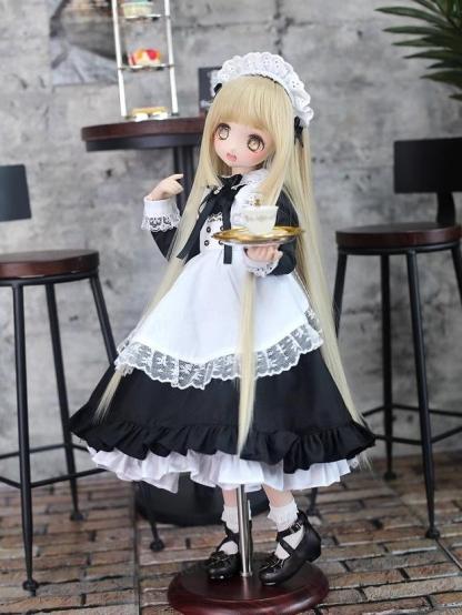 1/4 BJD doll wearing classic maid outfit holding a tea tray at a vintage café - Atelier Chantilly