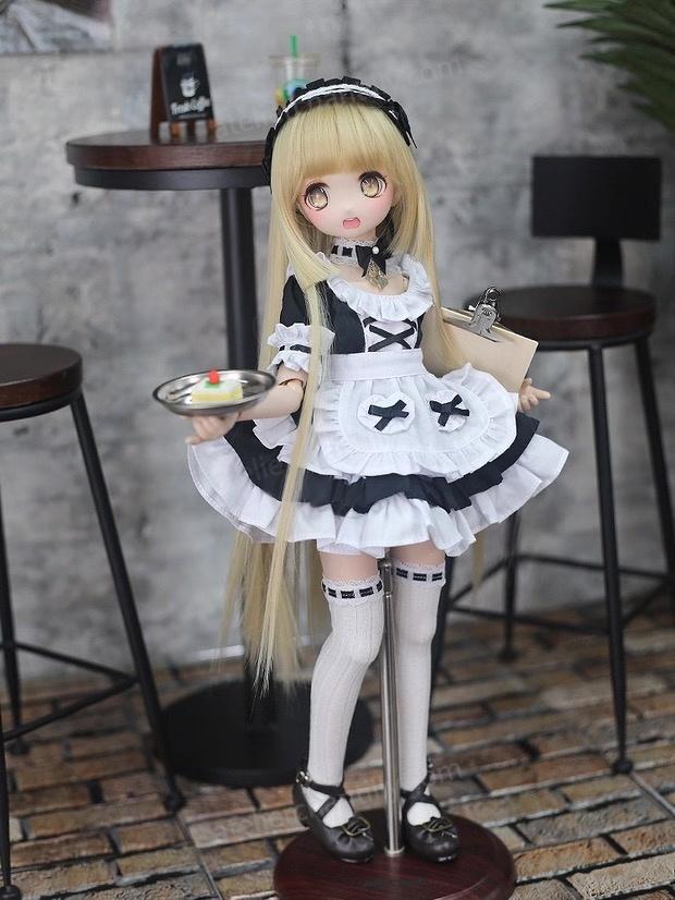 1/4 BJD doll in black white cute maid outfit holding a dessert tray at a café - Atelier Chantilly