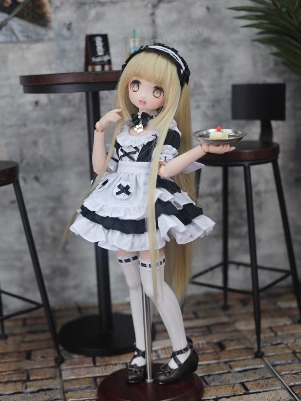 1/4 BJD doll wearing cute maid outfit holding a dessert tray in a café setting - Atelier Chantilly