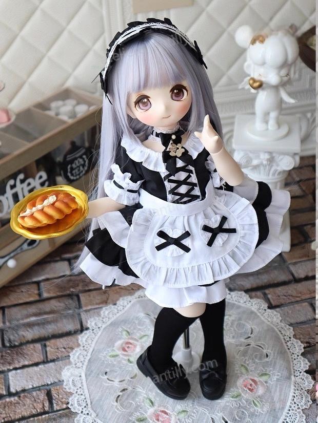 1/4 BJD doll showcasing black white cute maid outfit with a pastry tray - Atelier Chantilly