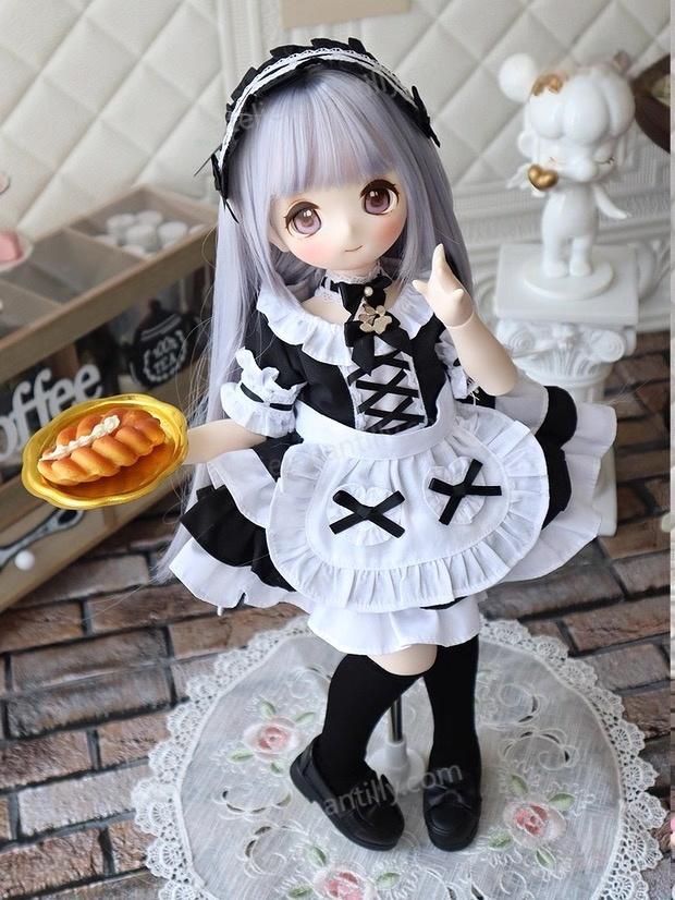 1/4 BJD doll showcasing black white cute maid outfit with a pastry tray - Atelier Chantilly