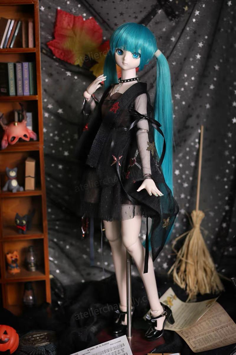 1/3 BJD doll showcasing black gothic Halloween outfit in a full-body scene - Atelier Chantilly
