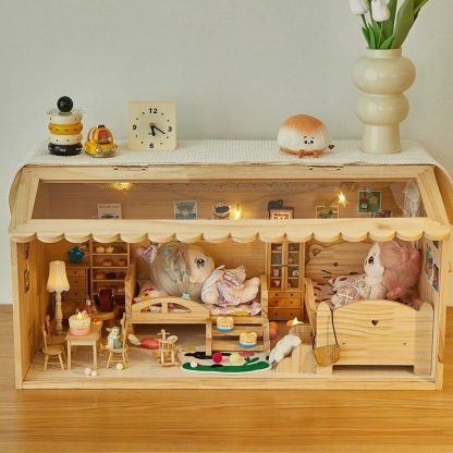 Cozy wooden BJD doll house with twin beds and mini decor - Atelier Chantilly