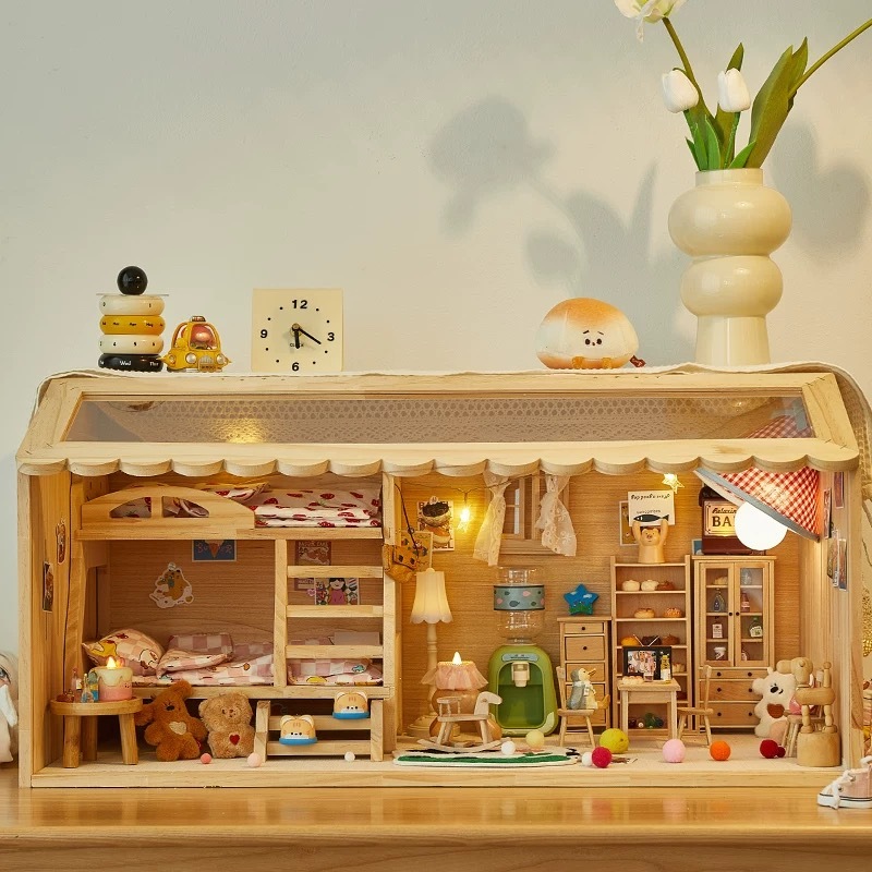 Wooden BJD doll house with bunk beds and mini kitchen setup - Atelier Chantilly