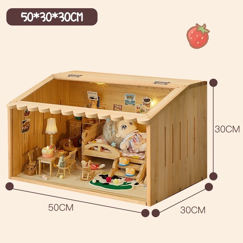 50*30*30CM wooden BJD doll house with single bed and lounge area - Atelier Chantilly