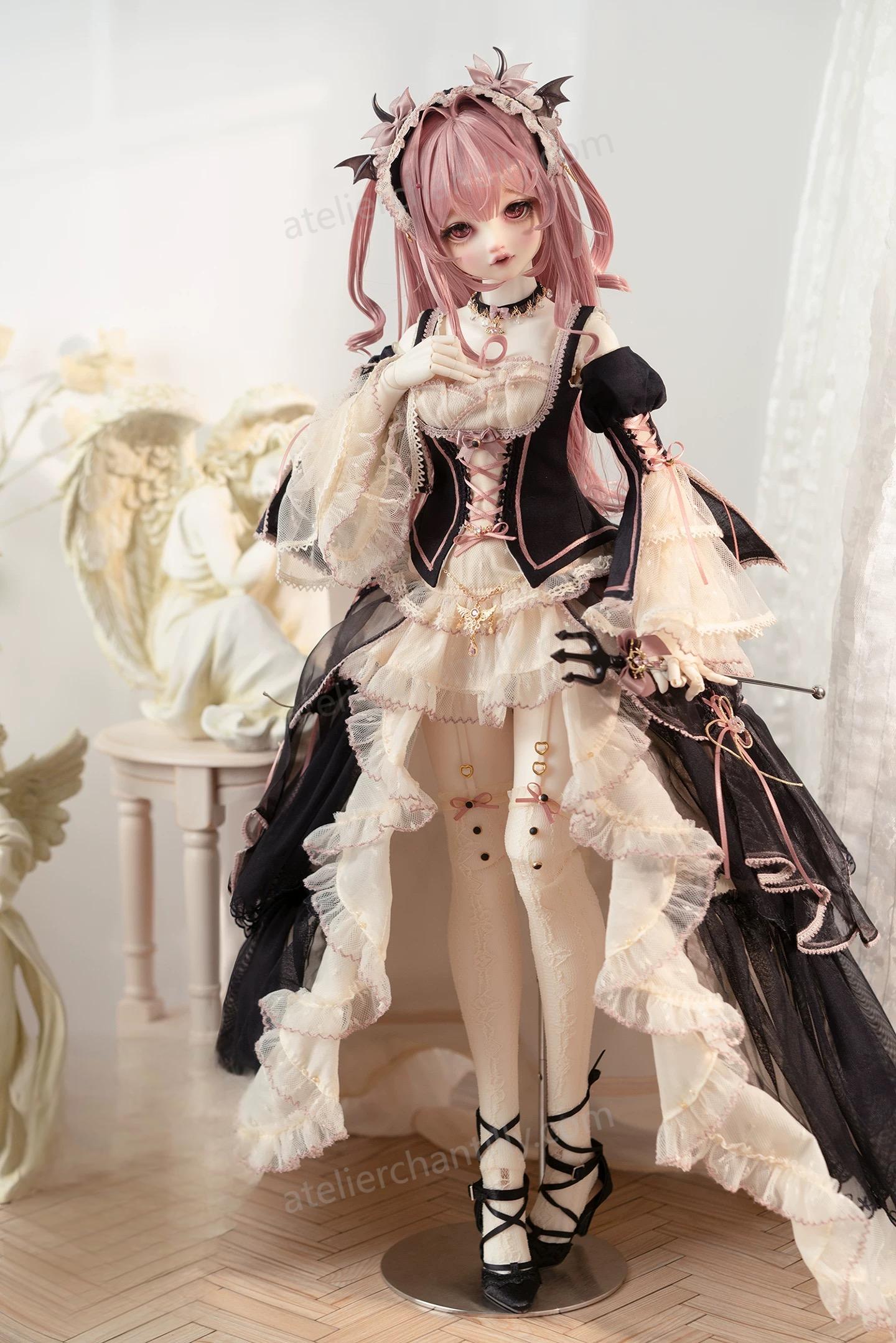 Dark sweet Lolita outfit for 1/4 BJD dolls with angel statue backdrop - Atelier Chantilly