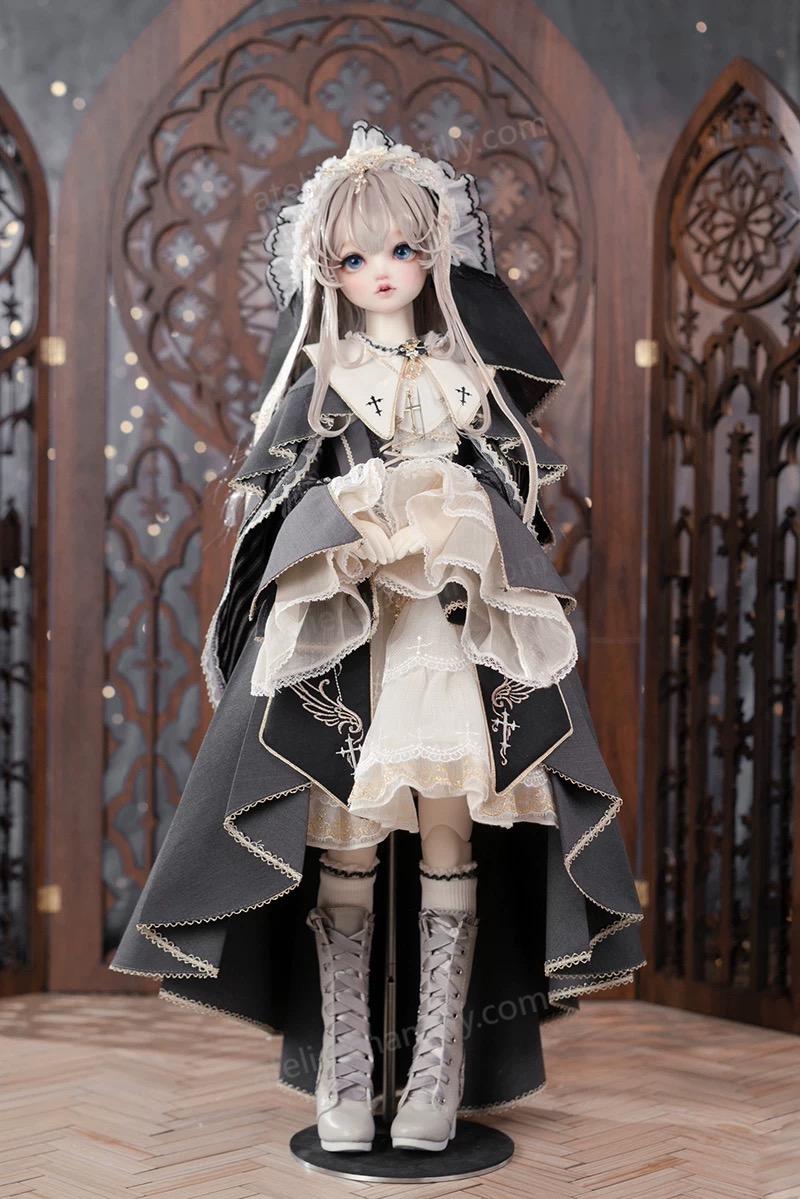 Gothic religious BJD outfit for 1/4 dolls in a gothic arched backdrop - Atelier Chantilly
