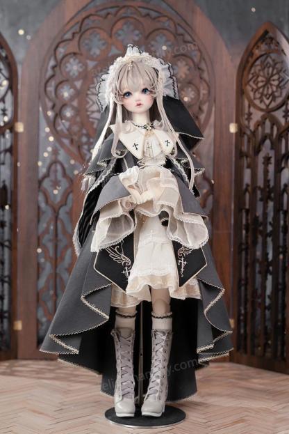 Gothic religious BJD outfit for 1/4 dolls in a gothic arched backdrop - Atelier Chantilly