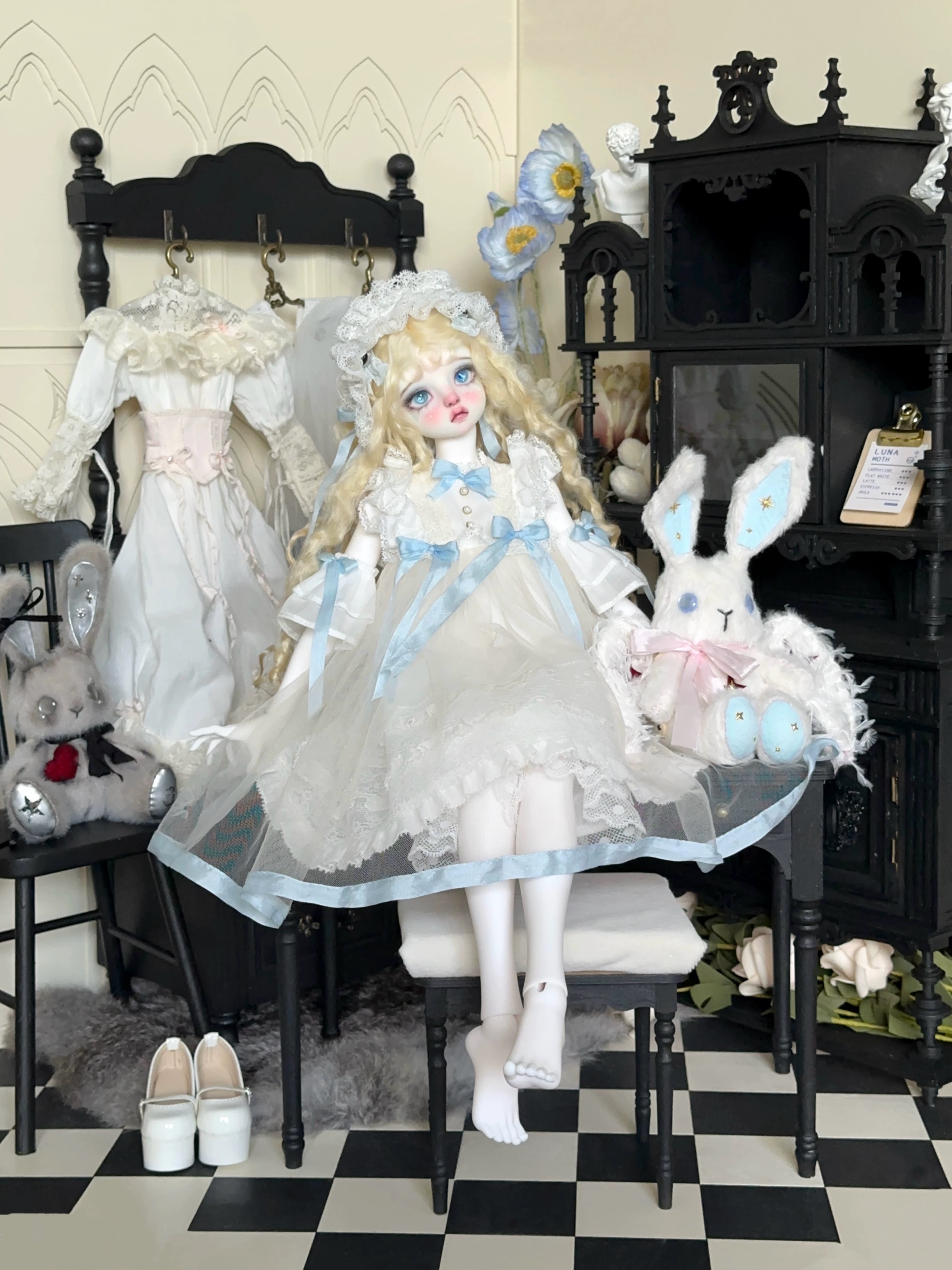 1/4 BJD doll in pastel blue Lolita dress in a vintage black-and-white room - Atelier Chantilly