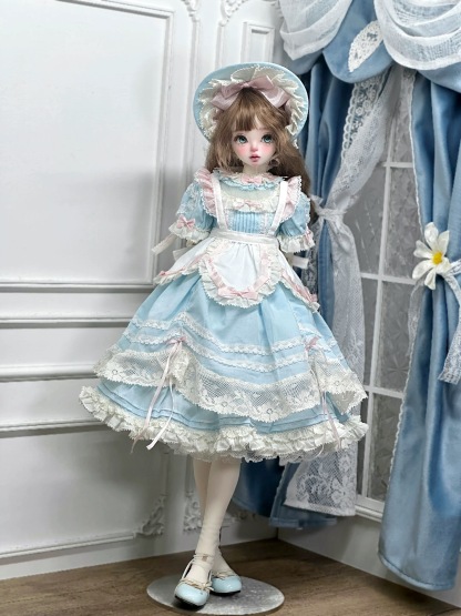 Pastel blue vintage Lolita outfit for 1/4 BJD dolls by blue lace curtains - Atelier Chantilly