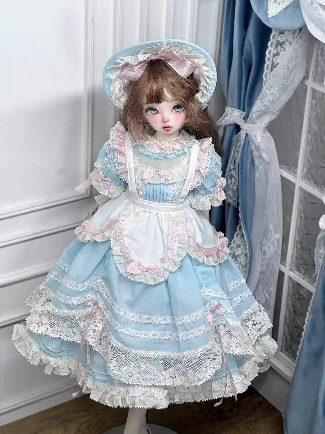 Pastel blue Lolita BJD dress showcasing lace details - Atelier Chantilly