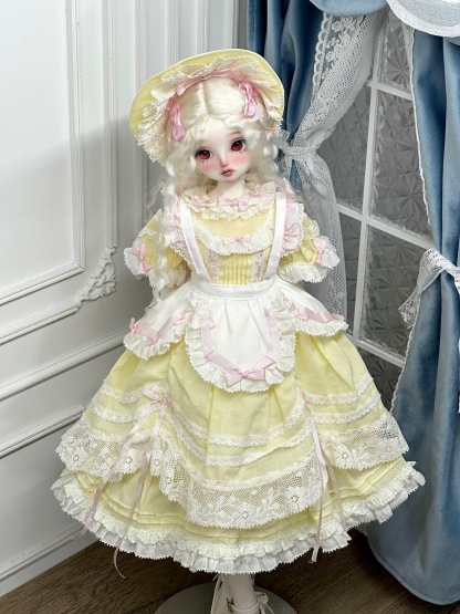 Yellow vintage Lolita BJD outfit with pink accents - Atelier Chantilly