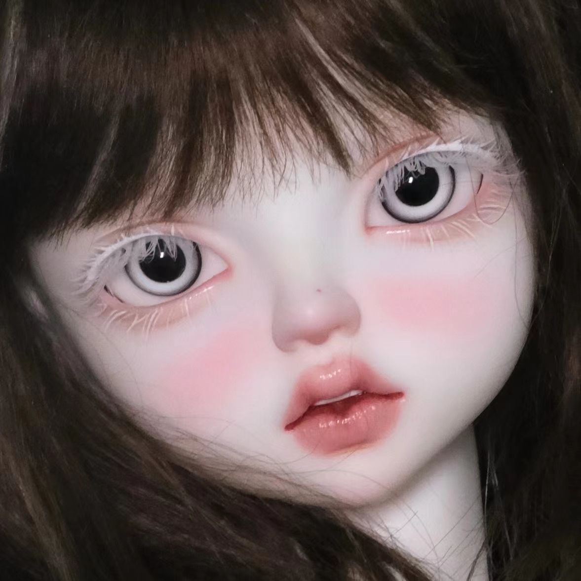 Detailed view of monochrome resin eyes on 1/3 BJD doll
