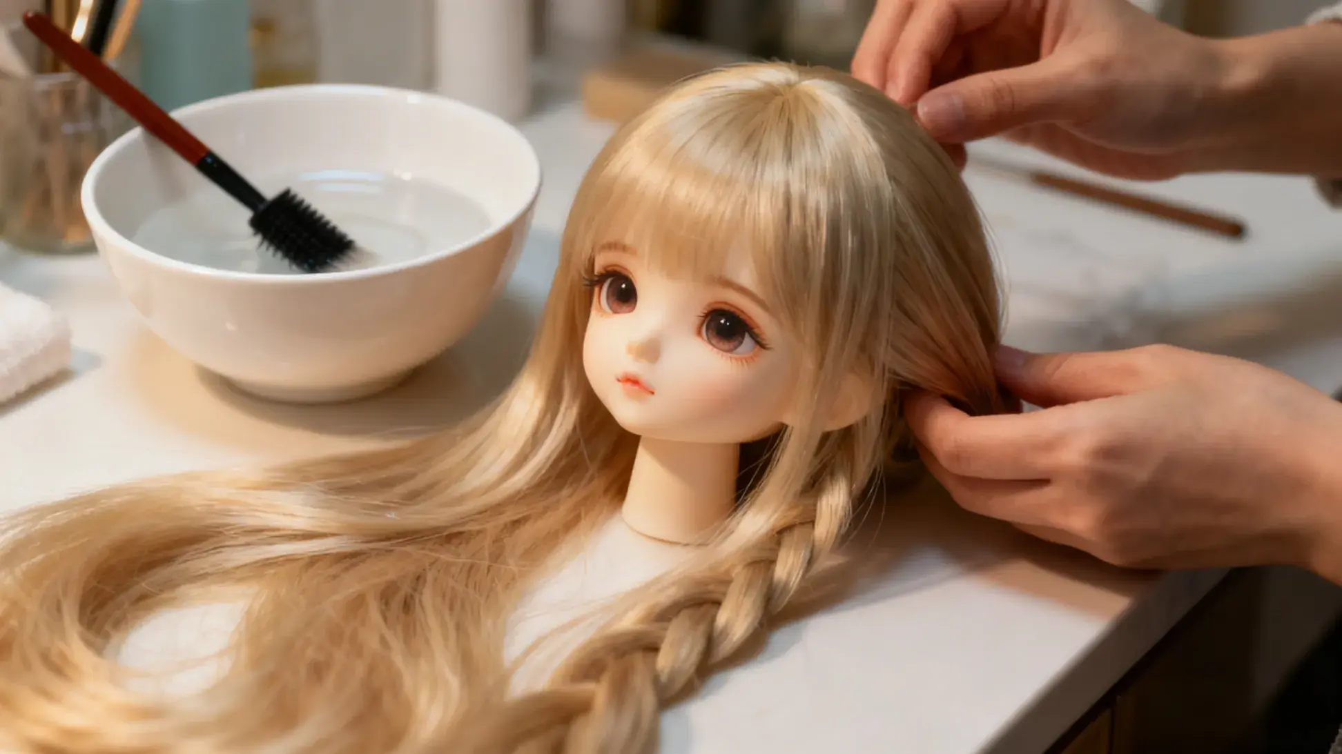 BJD wig cleaning setup with bowl, brush, and synthetic wig