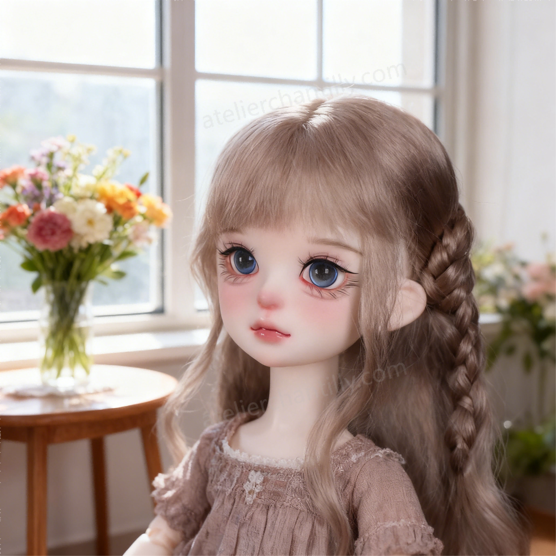 1/3 BJD Doll Wearing Blue Sparkle Glass Eyes by Window with Flowers - atelierchantilly