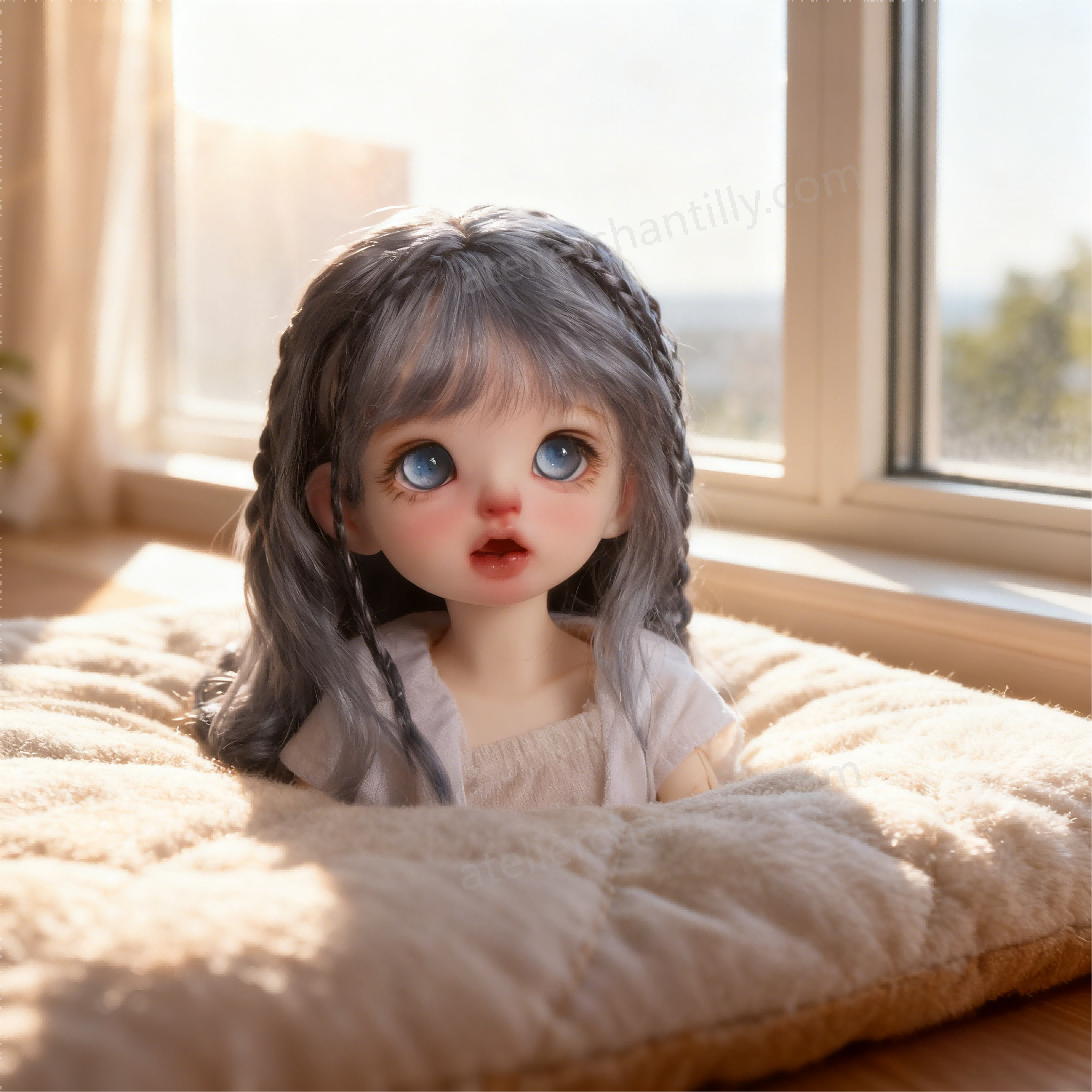 1/3 BJD Doll Wearing Blue Sparkle Glass Eyes on Plush Cushion by Window - atelierchantilly