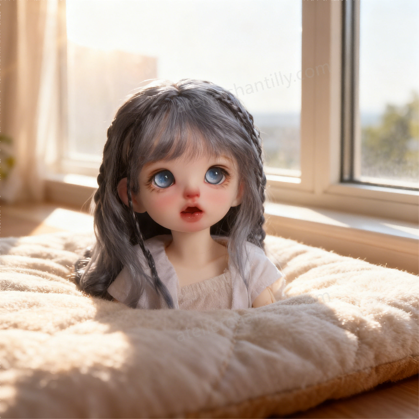 1/3 BJD Doll Wearing Blue Sparkle Glass Eyes on Plush Cushion by Window - atelierchantilly