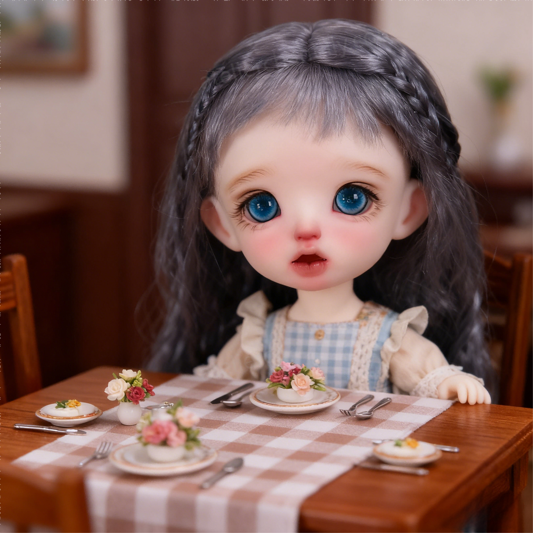 1/4 BJD Doll Wearing Blue Sparkle Glass Eyes at Miniature Dining Table - atelierchantilly