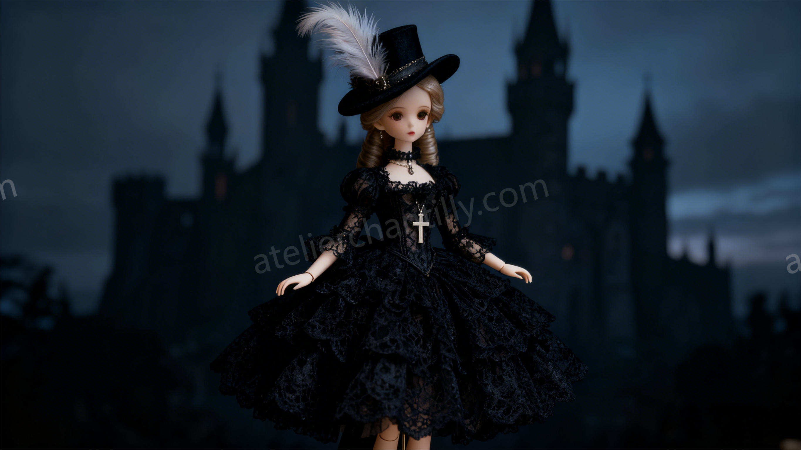 BJD gothic photo shoot style - dark lace + silver accessories, gothic doll portrait outfit