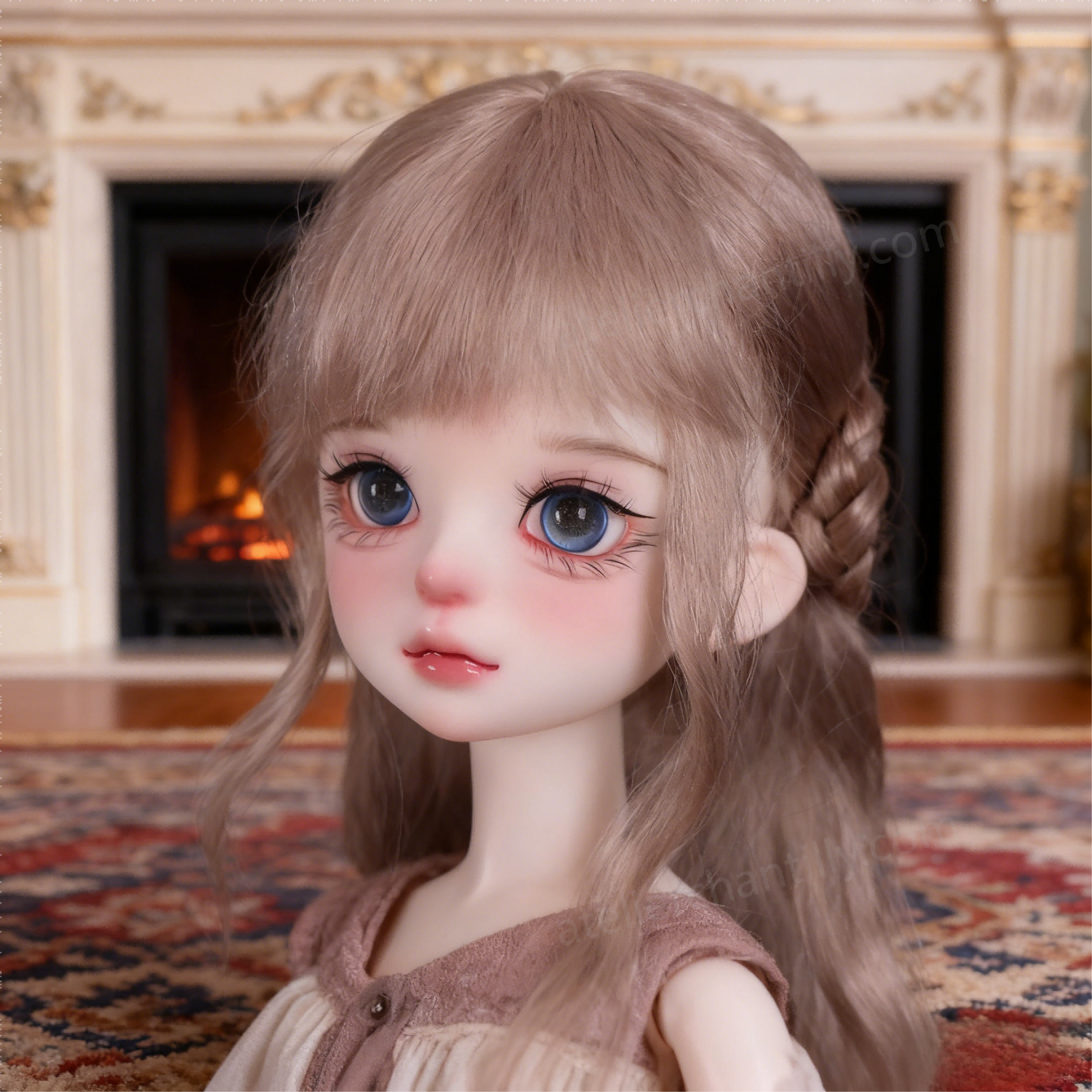 1/3 BJD Doll with Blue Glass Eyes in Front of Fireplace - atelierchantilly