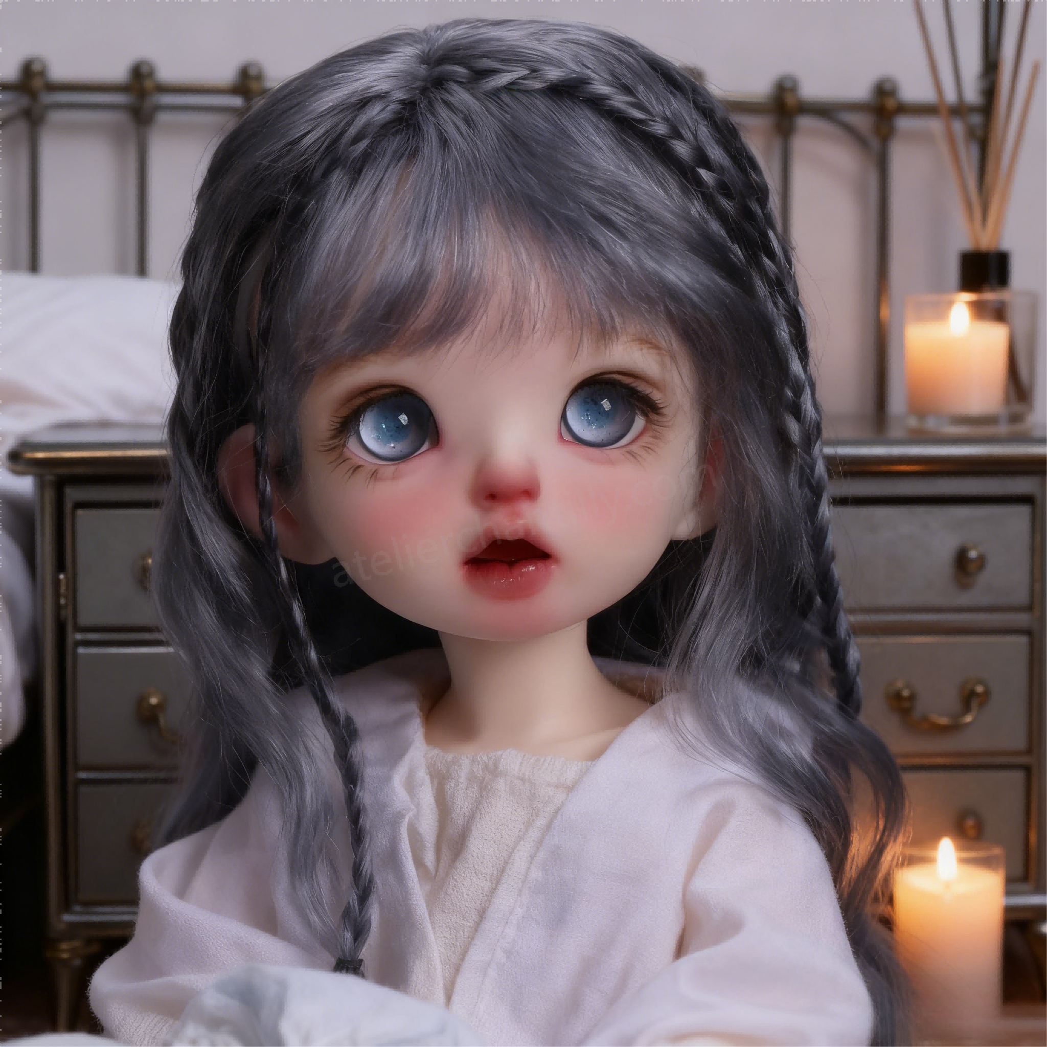 1/3 BJD Doll with Blue Glass Eyes in Bedroom Scene - atelierchantilly