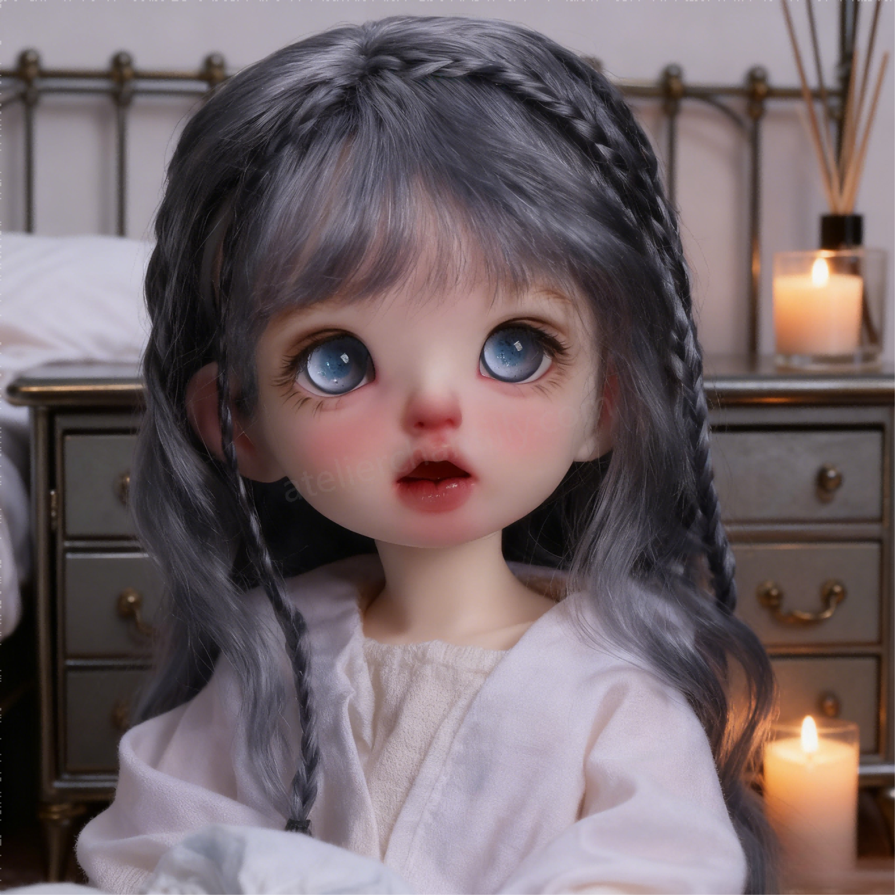 1/3 BJD Doll with Blue Glass Eyes in Bedroom Scene - atelierchantilly