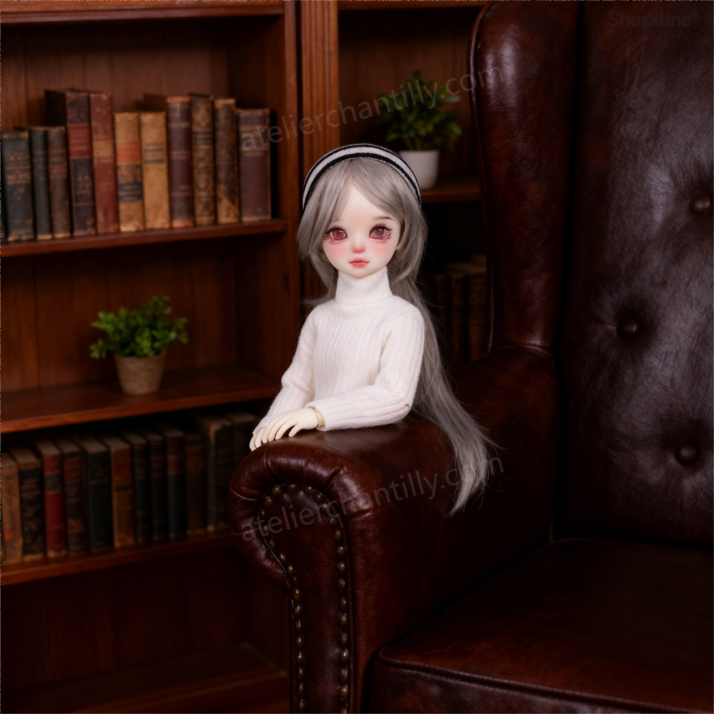 1/3 BJD Doll with Pink Glass Eyes on Leather Chair in Library - atelierchantilly