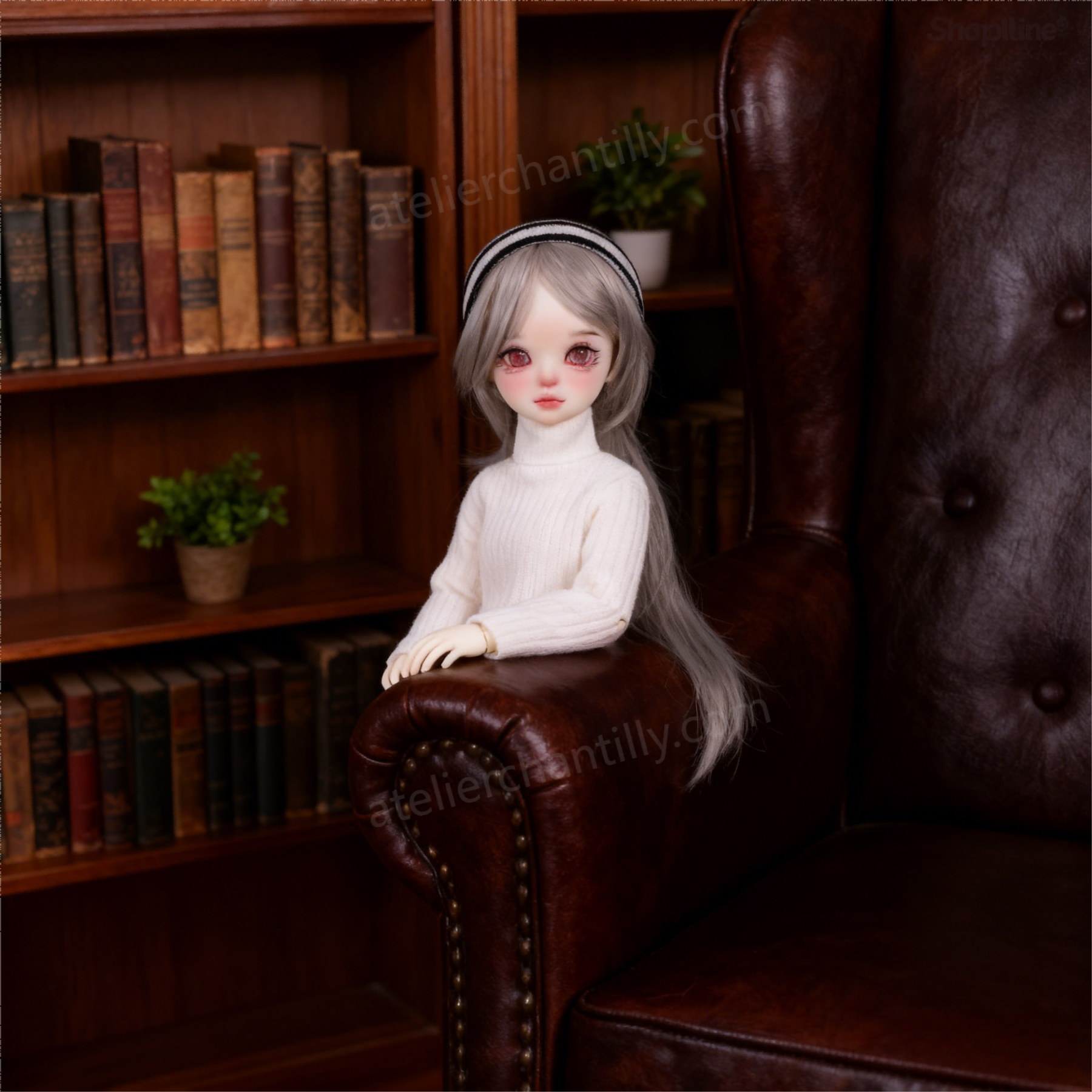 1/3 BJD Doll with Pink Glass Eyes on Leather Chair in Library - atelierchantilly