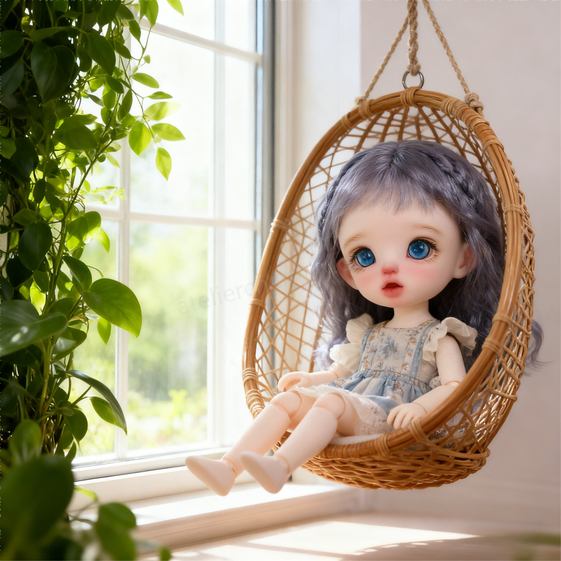 1/4 BJD Doll with Blue Glass Eyes in Hanging Wicker Chair by Window - atelierchantilly