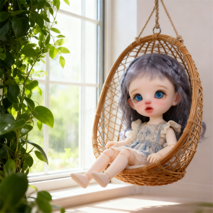 1/4 BJD Doll with Blue Glass Eyes in Hanging Wicker Chair by Window - atelierchantilly