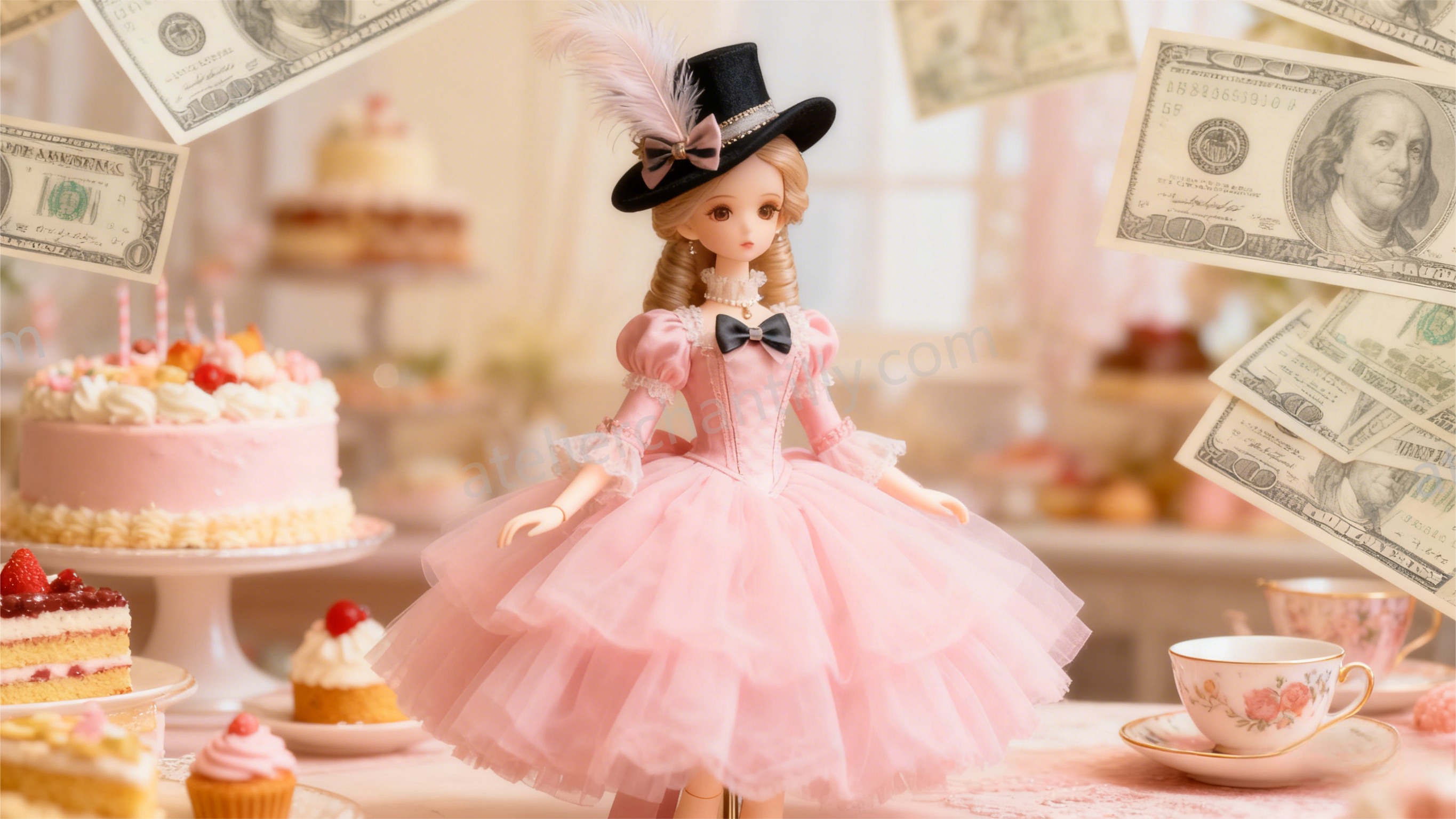 BJD Lolita photo shoot outfit - puff skirt + bows, cute Lolita doll styling for BJD photography