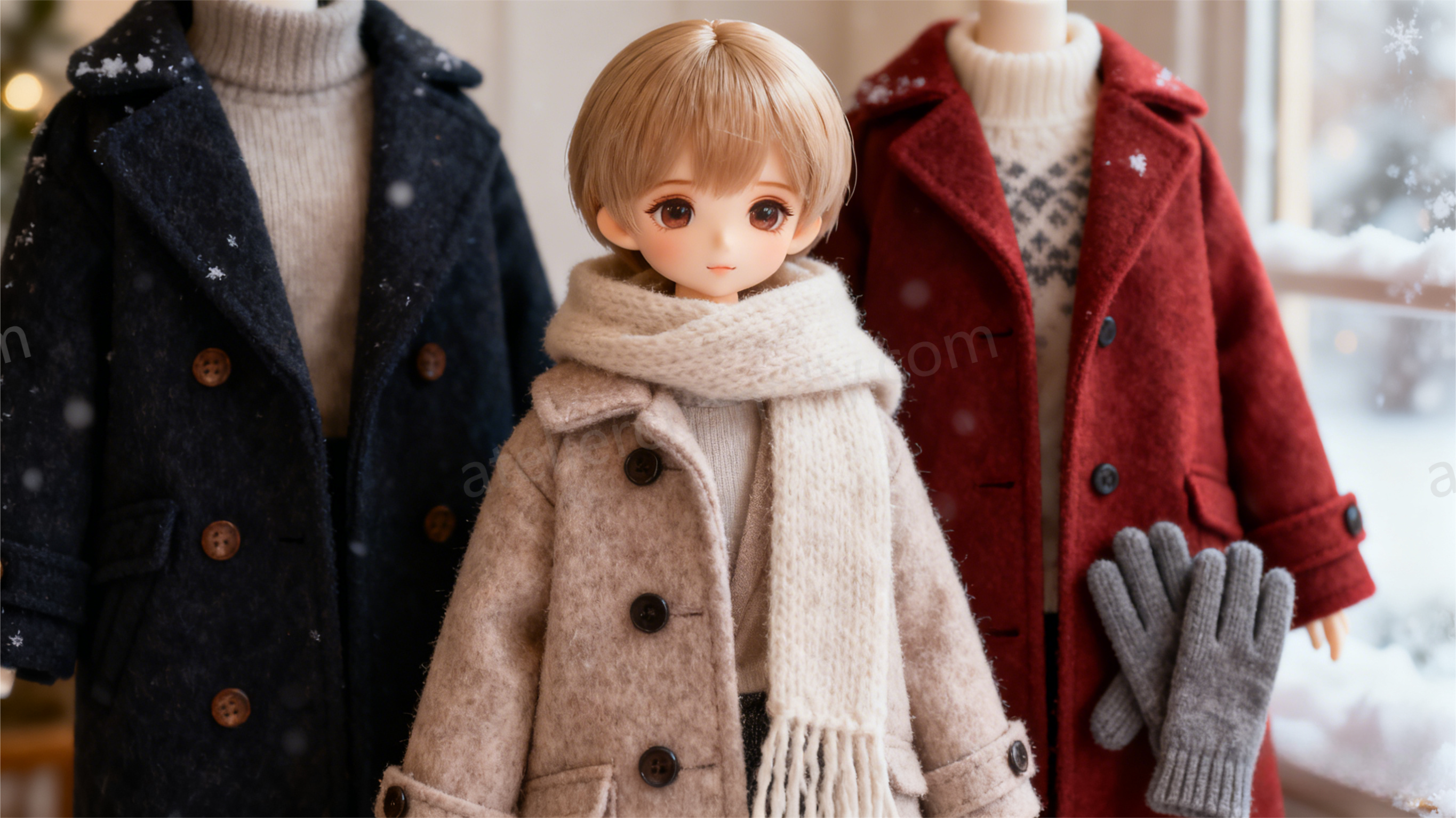 Winter outfit for BJD doll with coat, scarf, and gloves