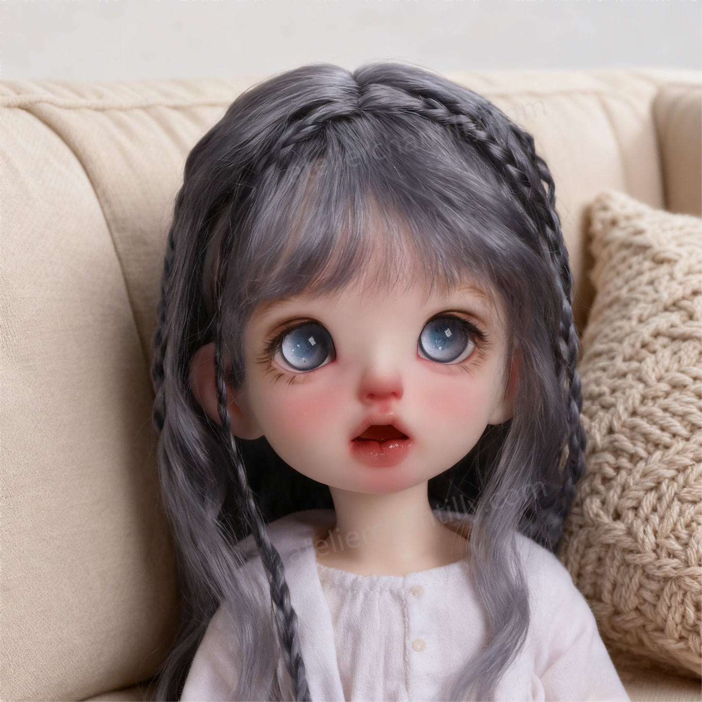 1/3 BJD Doll on Beige Sofa with Blue Sparkle Glass Eyes - atelierchantilly