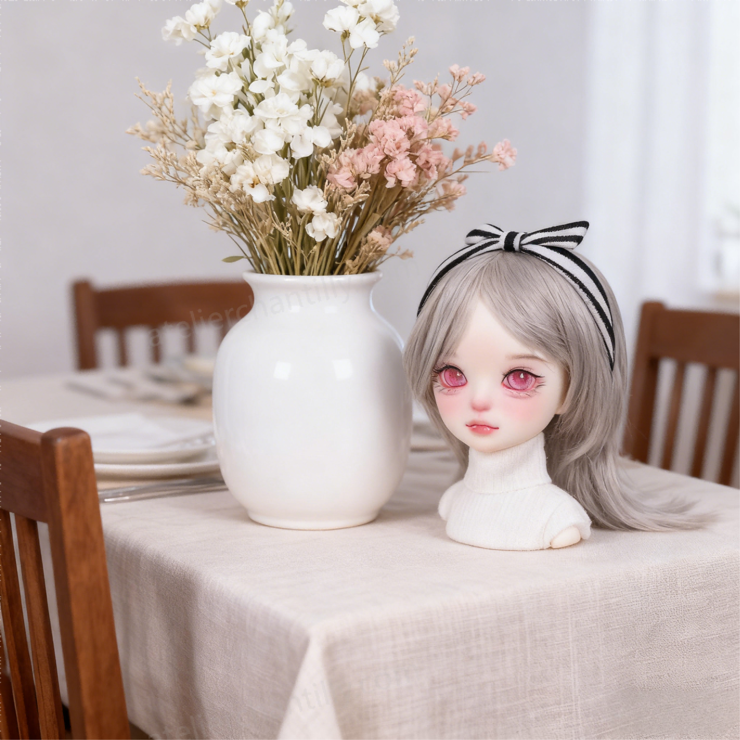 1/3 BJD Doll Head with Pink Sparkle Glass Eyes by Floral Vase - atelierchantilly