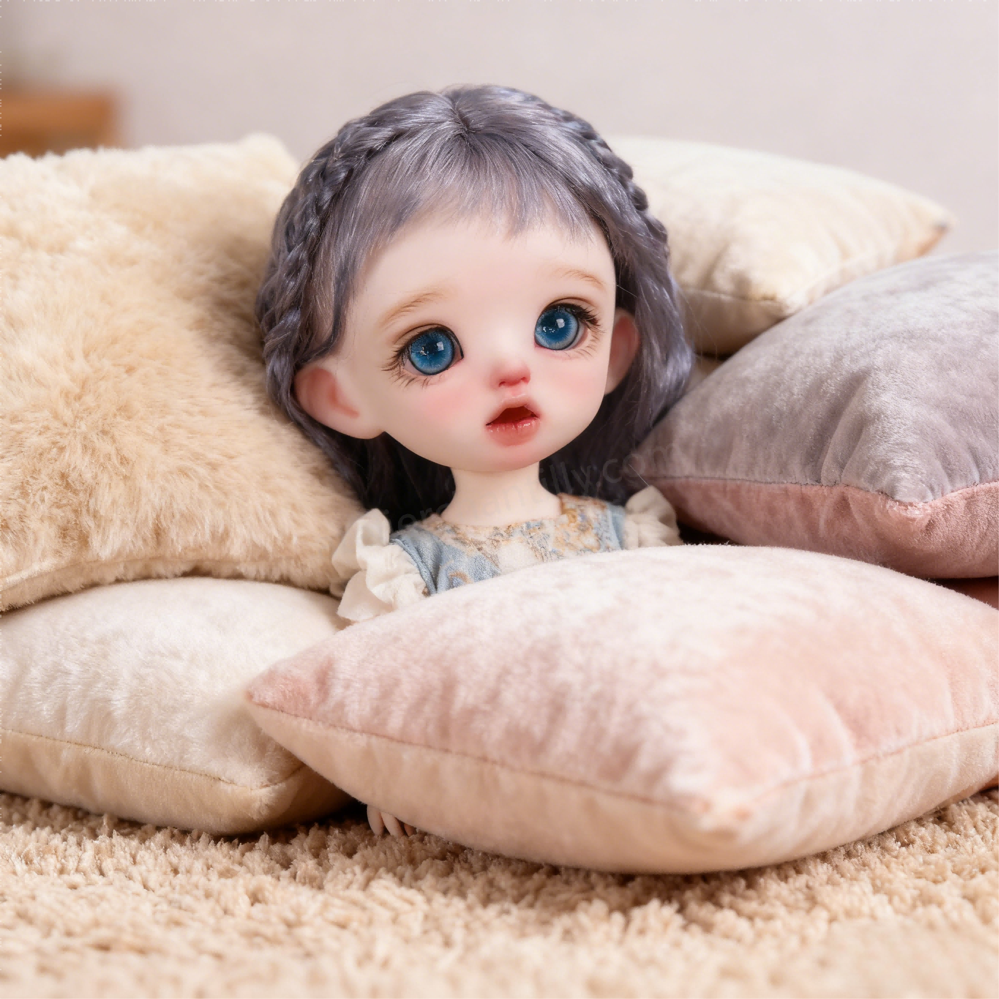 1/4 BJD Doll with Blue Sparkle Glass Eyes Amidst Plush Pillows - atelierchantilly
