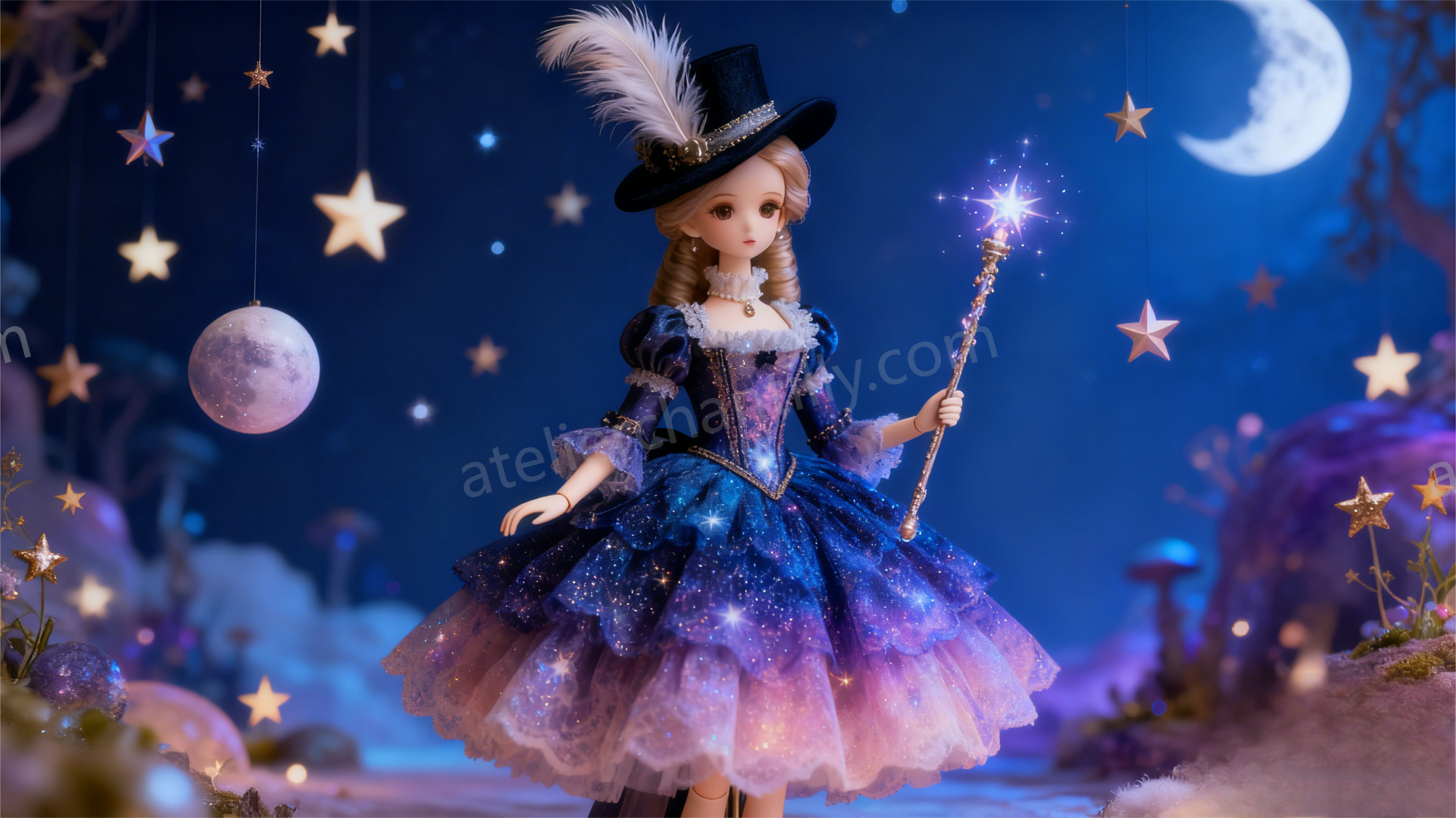 BJD fantasy magic photo shoot look - sequin dress + magic wand, enchanted doll styling
