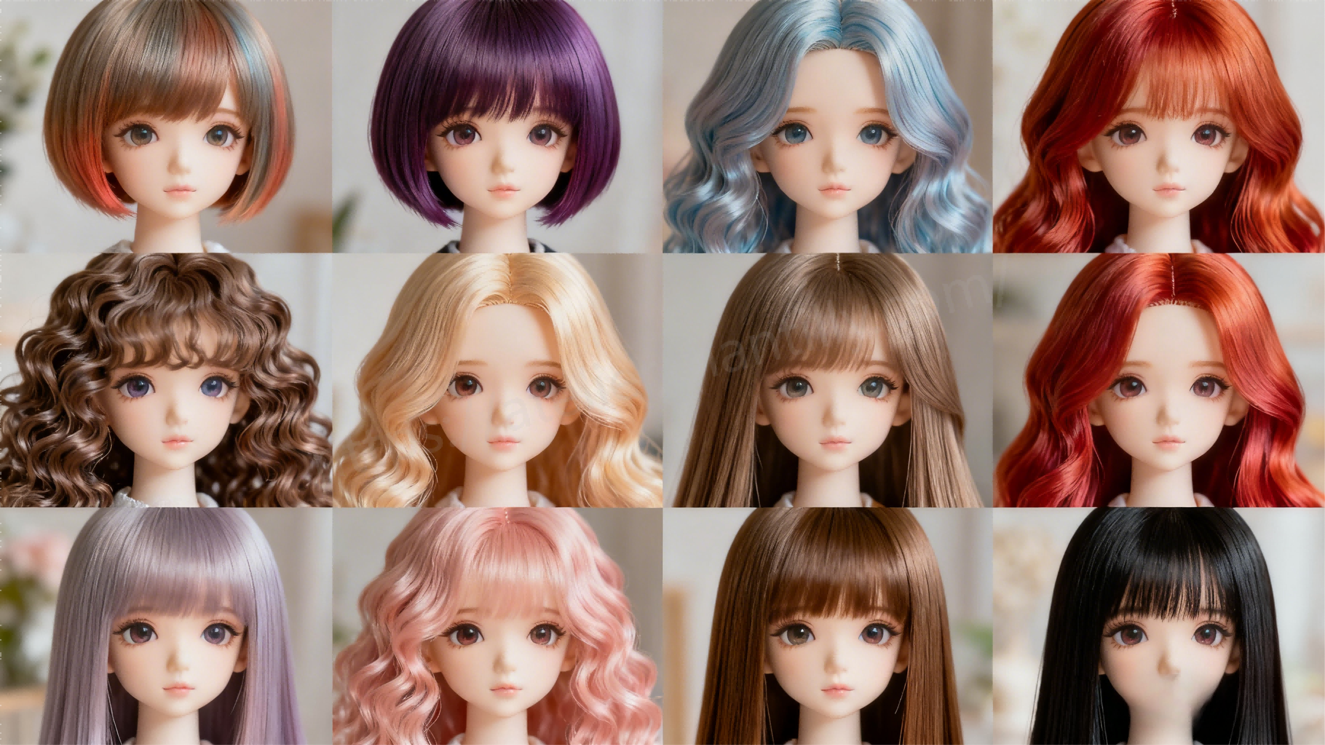 Various BJD wig styles including short, medium, long, curly, straight