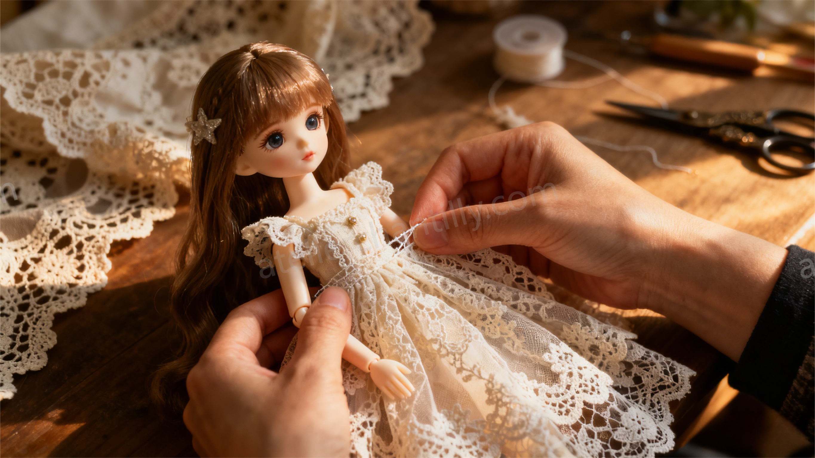 Atelier Chantilly founder hand-sews BJD dress with vintage lace - handmade love for dolls | atelierchantilly.com