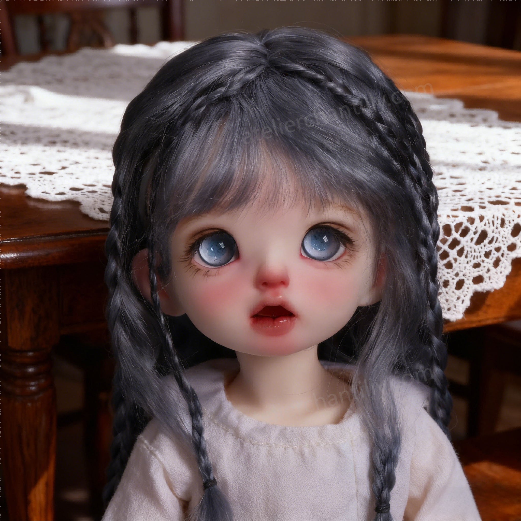 1/3 BJD Doll by Wooden Table with Blue Sparkle Glass Eyes - atelierchantilly