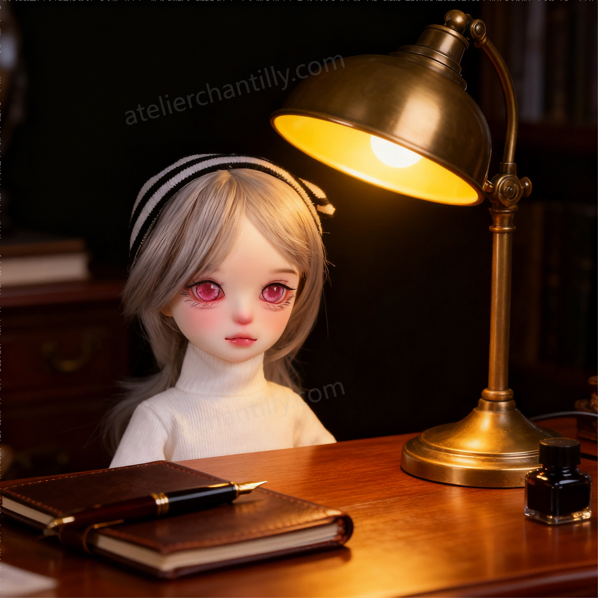 1/3 BJD Doll with Pink Glass Eyes at Desk with Lamp - atelierchantilly